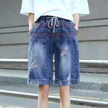 Джинсы женские хлопковые до колена на шнурке средней длины с вышивкой карманы рваные летние народный обычай джинсы с высокой талией