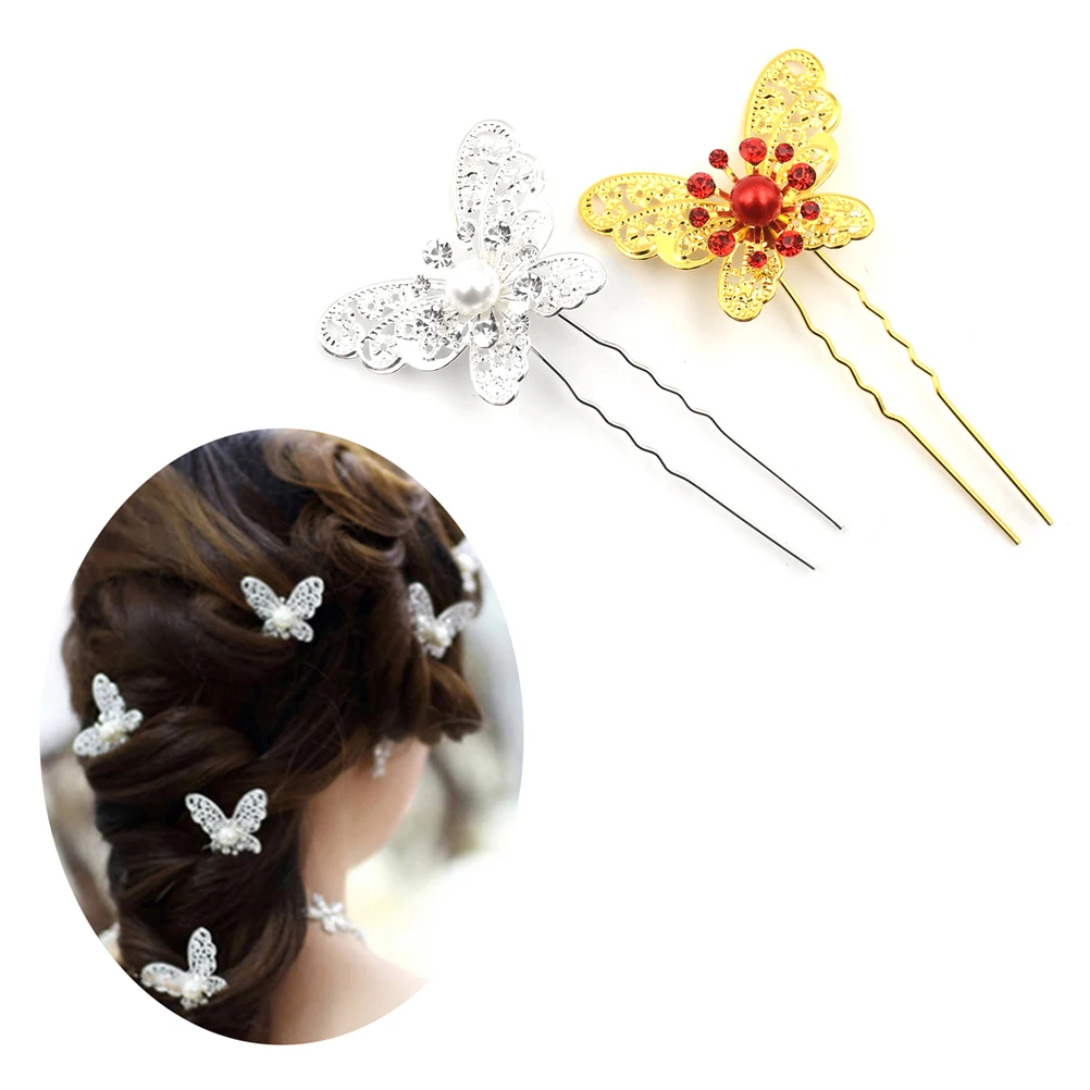 6 шт./лот, женские палочки для волос, свадебные, для невесты, для невесты, со стразами, заколки для волос с кристаллами, заколки с бабочкой, u-образный дизайн, гребень