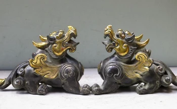 

xd 003164 10"Chinese Folk Bronze gilt fengshui Dragon Unicorn pi xiu pair statue