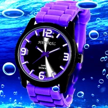 Роскошный бренд унисекс Аналоговые кварцевые круглые часы Япония PC21J движение Фиолетовый Мягкая силиконовая лента черный циферблат Водонепроницаемость