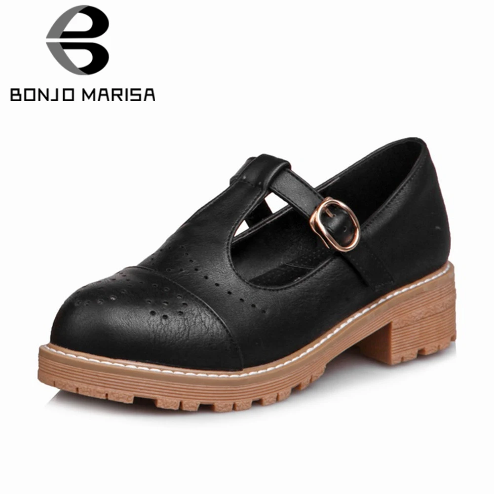 

BONJOMARISA Big Size 34-43 Brand Design Buckle Strap Platform Wide Med Heels Shoes Woman Casual Office Retro Spring Autumn Pumps