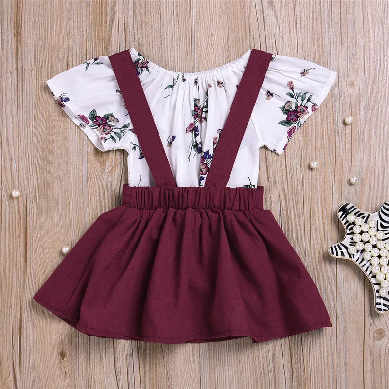 

Toddler Baby Kids Girls clothes short Sleeve round neck Floral print Bodysuit solid strap Skirts 2pc cotton newborn outfits