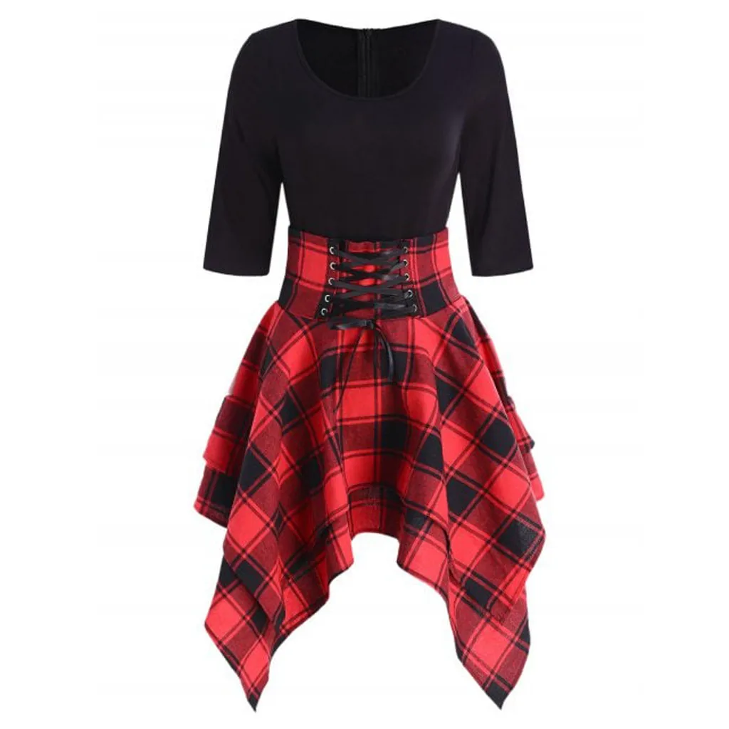 

women dress Fashion summer dress Women Casual O-Neck Lace Up Tartan Plaid Print Asymmetrical Mini Dress