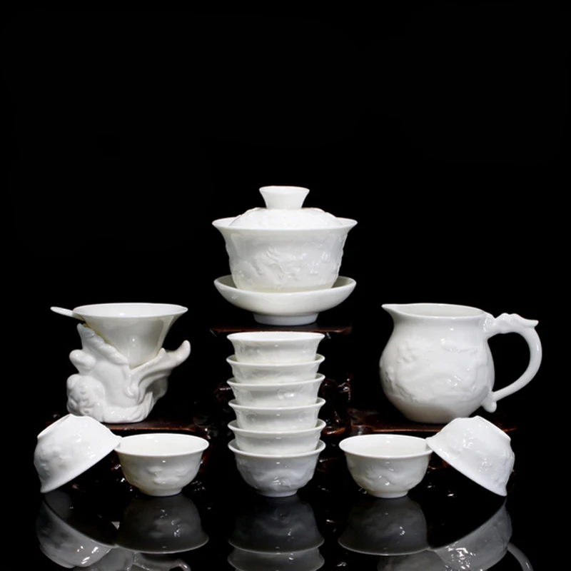 

Bone China Ceramic Kung Fu Tea Set Gift Relief Dragon Porcelain 14pcs of Tea Suit with Gaiwan Tea Cups W $