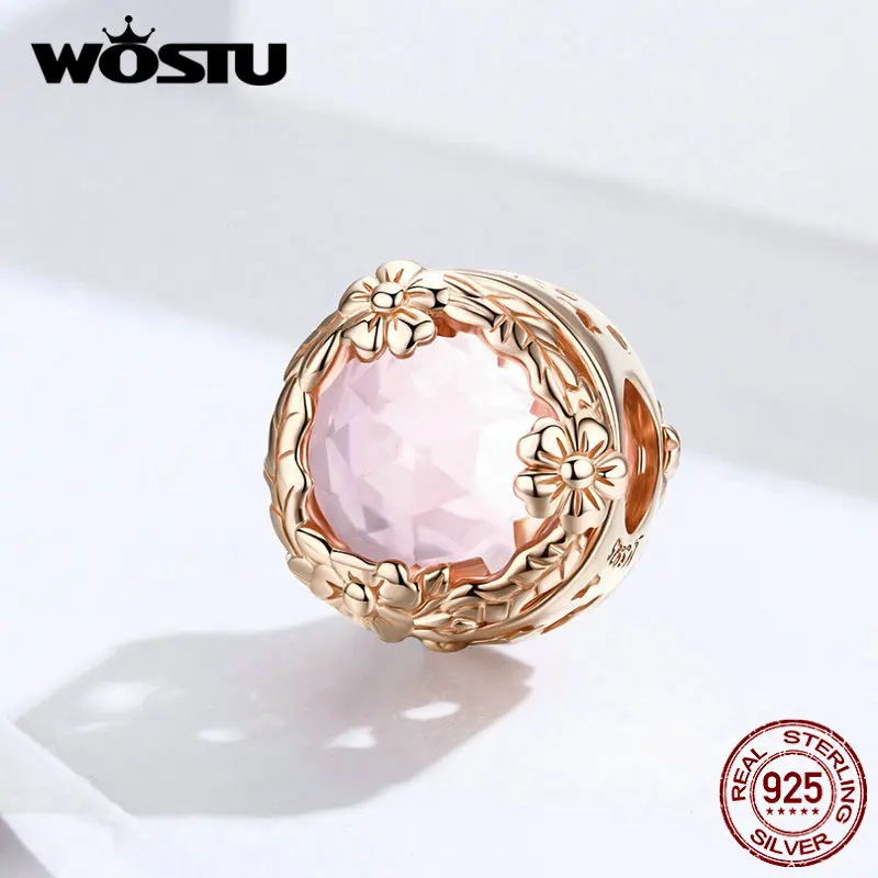 WOSTU, розовое золото, цветок, бусины, 925 пробы, шелк, бледно-розовый циркон, шарм, подходит для оригинального браслета, кулон, Женские Ювелирные изделия CQC1258