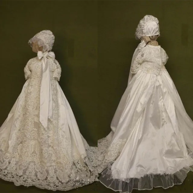 Luxury Baby Infant Christening Dresses Baptism Gowns Pearls With Bonnet Custom