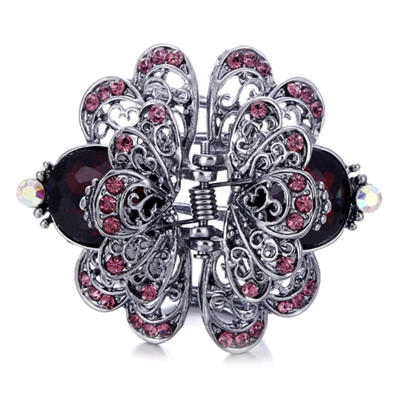 

Vintage Rhinestone Crystal Flower Hair Clip Wedding Hair Accessories Jewelry Charm Ancient Silver Metal Crab Claw Clip For Women