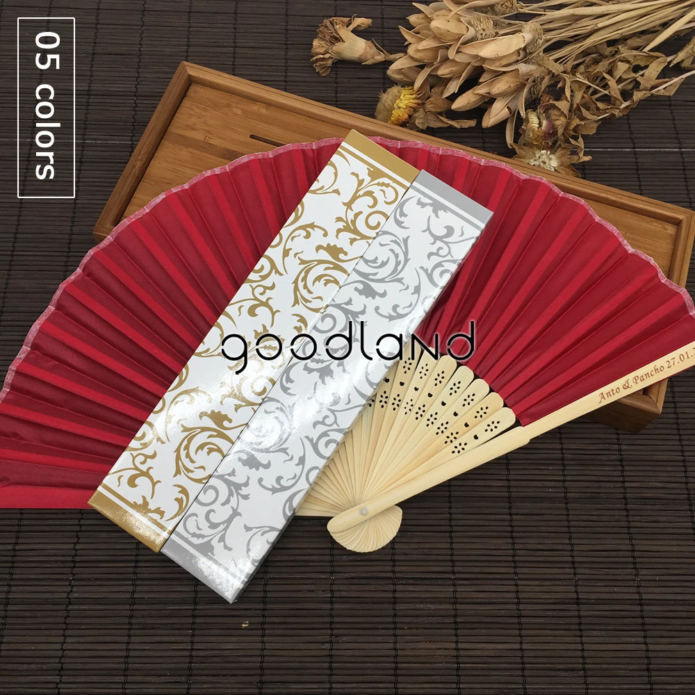  Free Shipping 30pcs Hot Sell Personalized Fabric Folding Held Hand Fan with Gold Silver Gift Box fo - 32804520313