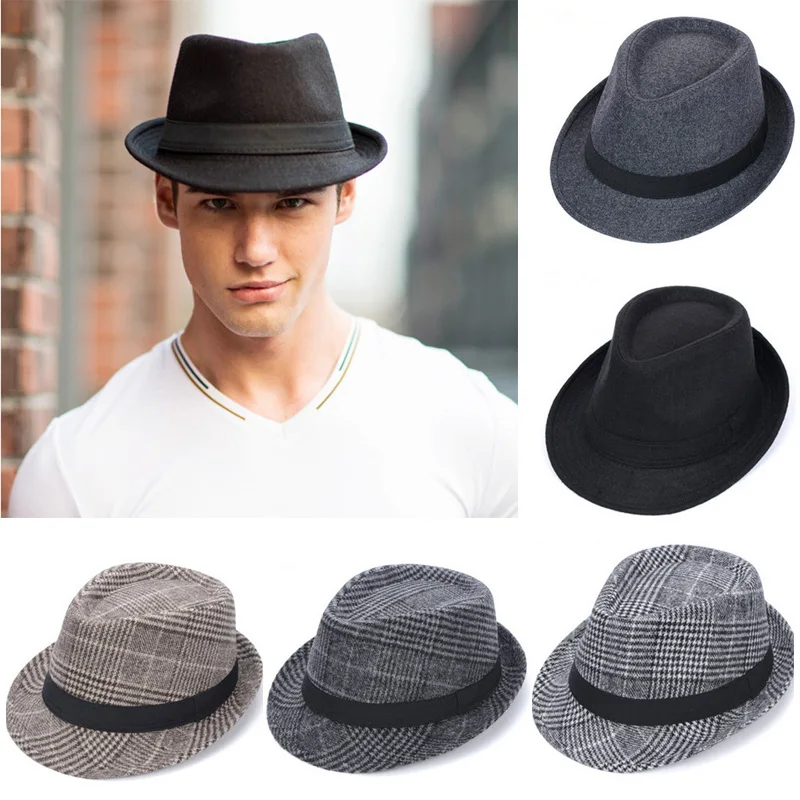 New Brand Wool Men's Black Fedora Hat For Gentleman Woolen Wide Brim