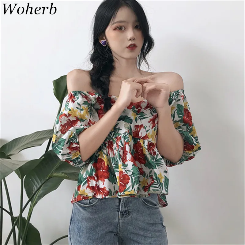 Woherb Floral Print Korean Women Cotton Blouse Slim Short Sleeve ...