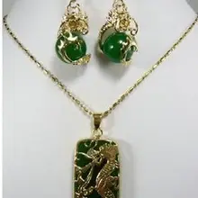 Новые ювелирные изделия зеленый нефрит серьги с драконами кулон ожерелье набор> часы оптом кварц нефрит CZ Кристалл