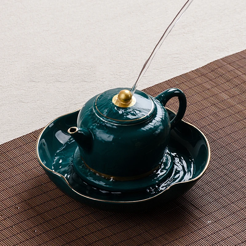 Винтаж фарфор Чай горшок лоток Gaiwan Чайник держатель зеленый подглазурного