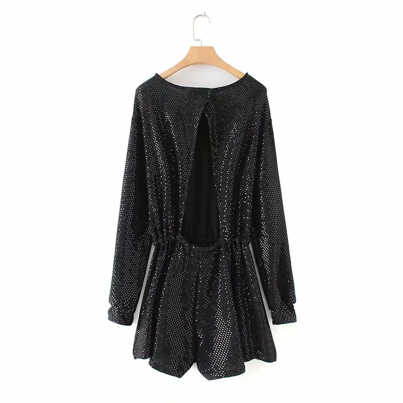 Women Dot Sequin Playsuit Sexy Backless Club Elegant Black Rompers Party NightClub Overalls Round Collar Clothing 