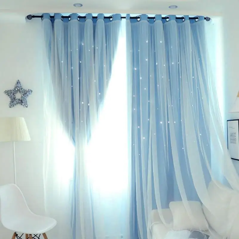 Hollowed Out Star Shading Window Blackout Curtain Drapes Purdah for Living Room Princess Children Room Baby Kid's Room Curtain - Цвет: Небесно-голубой