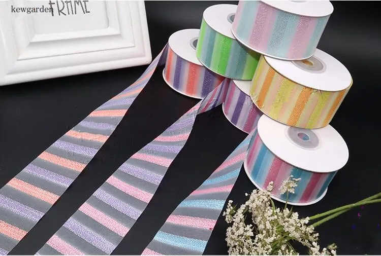 Kewgarden Wholesale Rainbow Stripe Lace Snow Gauze Ribbons 38mm 1.5" Gold Sliver Line Handmade Tape DIY Bowknot Accessories 25Y