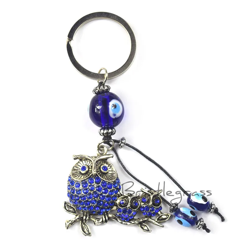 

BRISTLEGRASS Turkish Blue Evil Eye Rhinestone Owl Keychain Key Chain Ring Holder Lucky Charm Hanging Pendant Blessing Protection