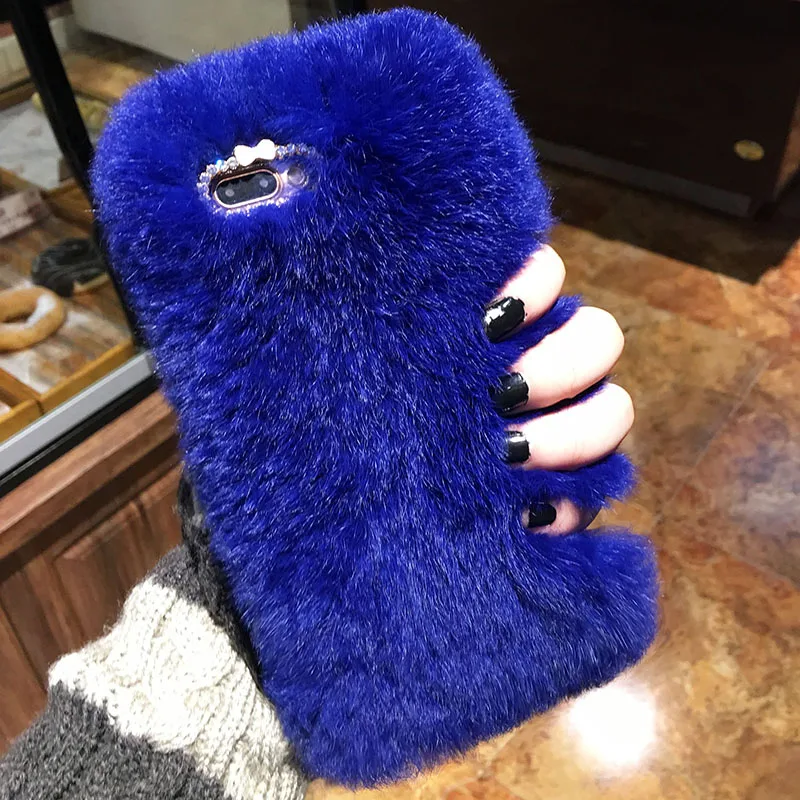 Роскошный мех кролика чехол для iPhone XS Max XR X, 8, 7, 6, 6 S, Plus, чехол Модный, с украшениями в виде бриллиантов; теплые мягкие зимние меховые плюшевые телефон чехол iPhone Plus Капа - Цвет: Blue