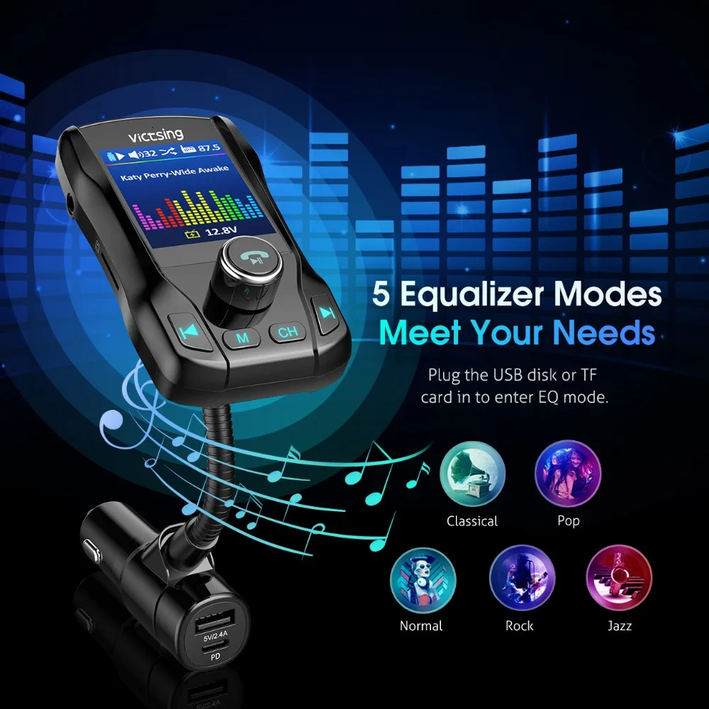 VicTsing 1.8 Bluetooth Car FM Transmitter PD & QC3.0 Wireless Radio Adapter Audio Receiver Hands-free Support TF AuxU-disk    (5)