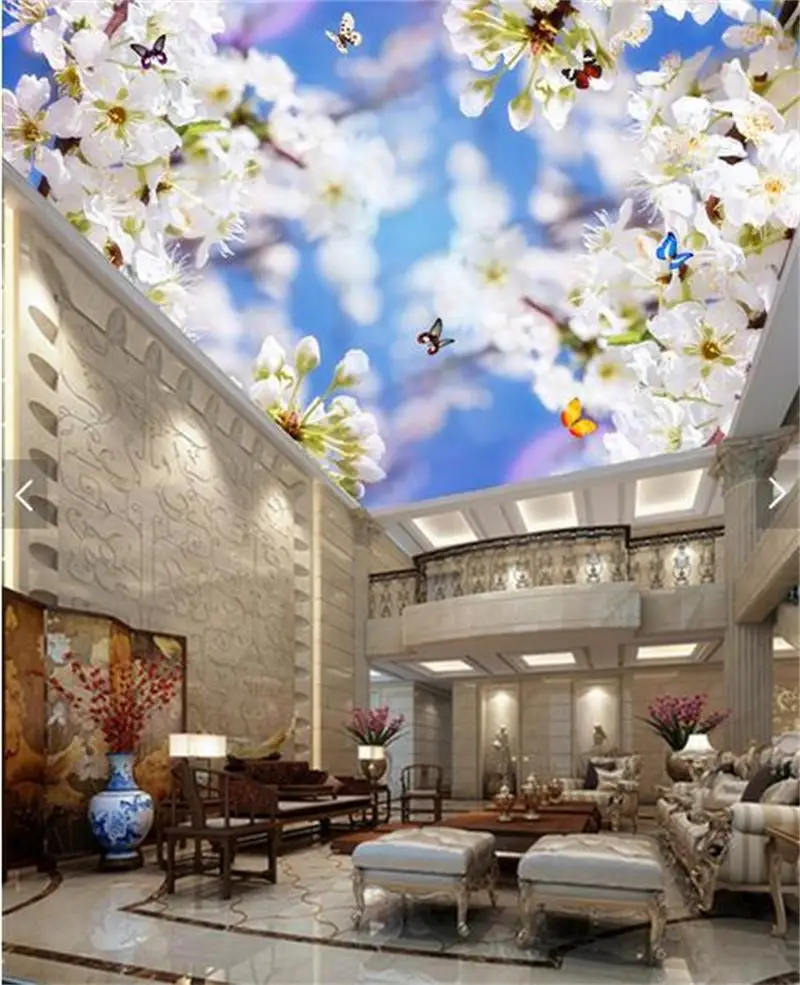 

custom 3d photo wallpaper ceiling room mural white flowers butterfly scenery zenith ceiling painting HD 3d photo non-woven mural