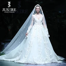 Luxury Beading Flowers Bridal Dress Cathedral Long Train V Neckline Illusion Long Sleeves Big A line Bridal Wedding Dress 2019