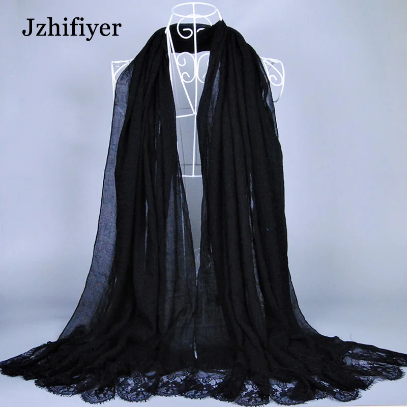 Bufandas хиджабы для женщин отделка хлопковым кружевом вискоза 100*200 см Макси однотонный шарф мусульманские хиджабы женские накидки