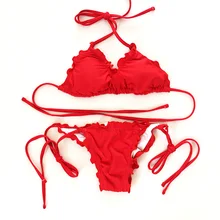 Frill Spaghetti Strap Bralette Padded Micro Bikini Set Lace Up Sides Low Waisted Yellow Red Bathing suit Women Swimsuit 2018
