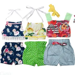 Милые летние комплекты одежды для детей от 0 до 18 месяцев 3 предмета, топы с ремешками без рукавов в полоску с цветочным принтом и лимонами