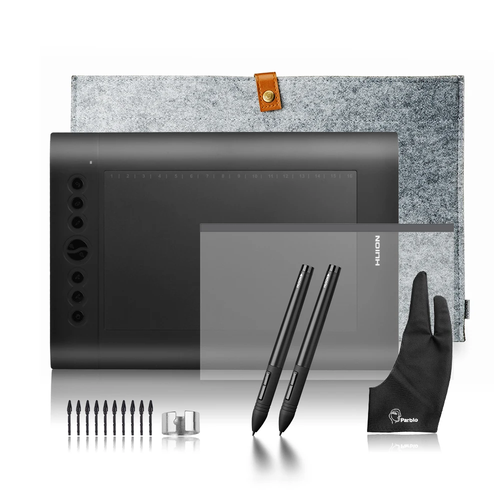 

2 Pens Huion H610 Pro Art Graphics Drawing Digital Tablet Kit + Protective Film +15-inch Liner Bag + Parblo Glove 10 Extra Nibs