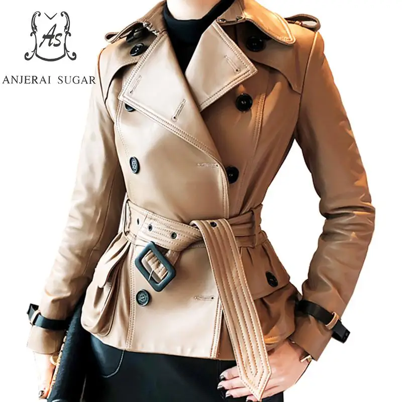 

Sheepskin genuine leather jacket women coat Black Khaki cloth female sexy OL Slim Double-breasted belt Big pocket Ruffles Jacket