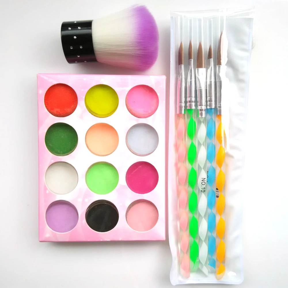 

3 Items Nail Art Kit 12 Color Carving Acrylic Powder UV Acrylic Powder 1 Pcs Nail Decoration Dust Brush+5 Pcs Acrylic Brush