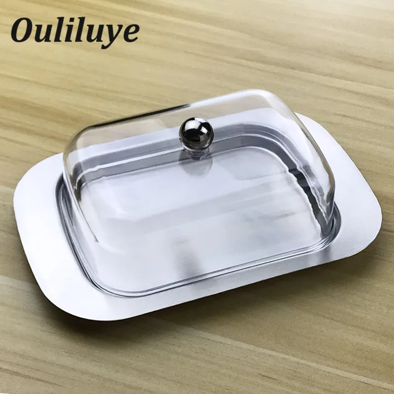 

Butter Dish Box Container Cheese Server Storage Keeper Tray with See-through Acrylic Lid Stainless Steel Dish For Cheese Board