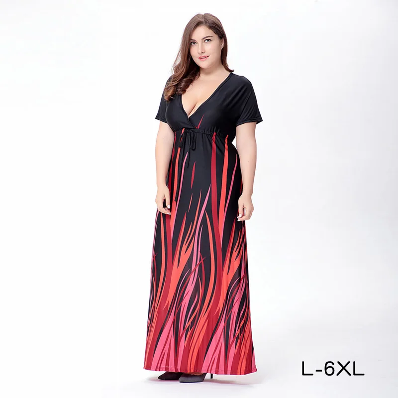 6XL женская летняя обувь Большие размеры DressesMaxi Элегантный Boho принт плюс размер