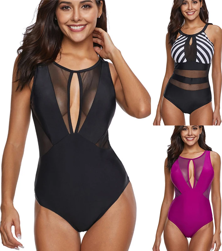

TONY Summer Sexy Women One Piece Swimsuits Lace Deep V Neck Backless Bathing Suit Mesh Hollow Out Beach Wear Halter Swimwear