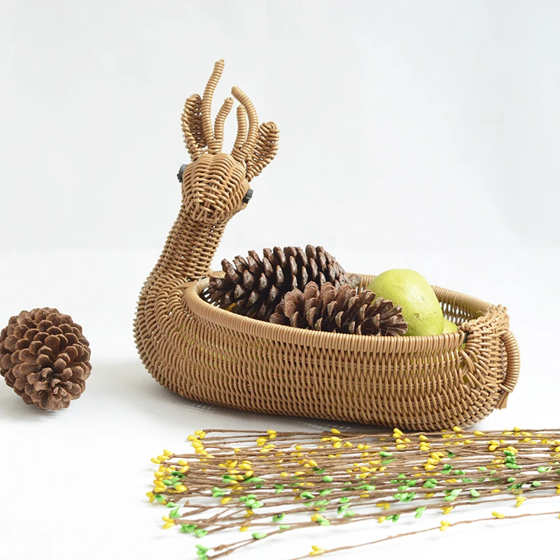 

Handmade Storage Basket Deer Shape Straw Braid Rattan Household Basket Fruits Storage Home Organizer Case
