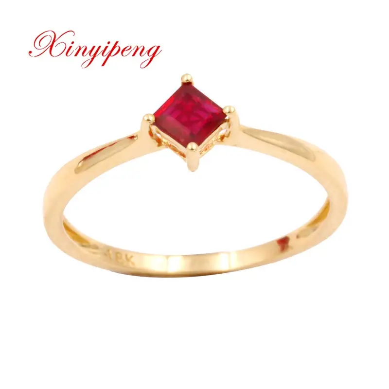 

Xin yi peng 18 k yellow gold inlaid natural square ruby ring 3.4*3.4 mm women ring simple and easy fine
