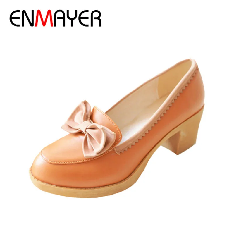 

ENMAYER Spring Autumn Women Fashion Pumps Shoes Bow Tie Round Toe Slip-On Square Heel Platform Large Size 34-43 Beige Blue Brown