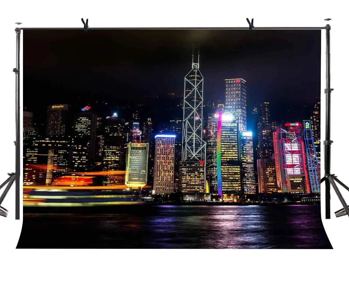 

7x5ft City Night Backdrop Hong Kong Victoria Harbor Photography Background and Photography Studio Backdrop Props