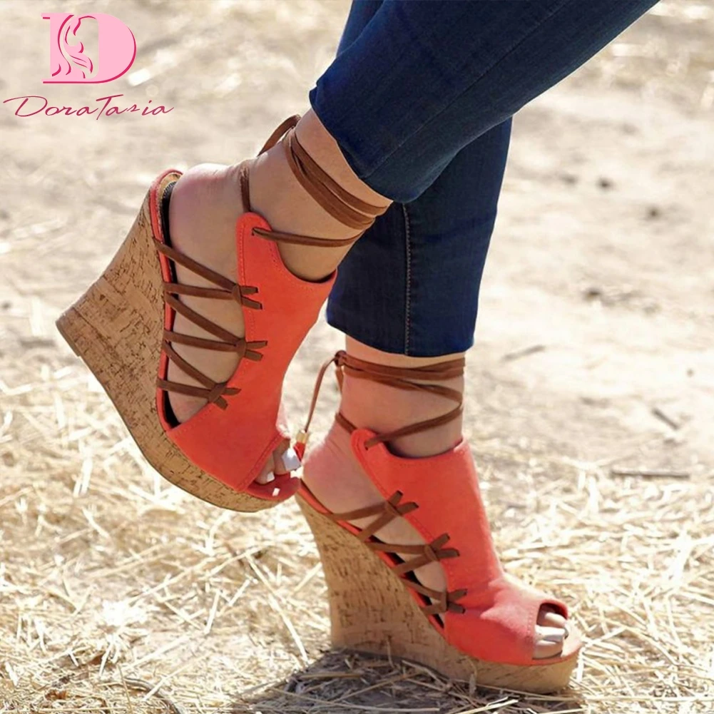 

DoraTasia brand design big Size 35-47 ankle-wrap Sandals Woman Shoes high Heels gladiator party wedges Shoes Woman
