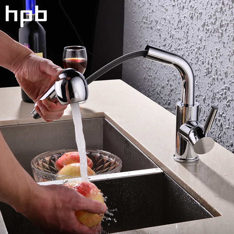 

HPB Pull Out Sprayer And 360 Degree Rotation Kitchen Faucet,Single Handle Chrome Finished Mixer Tap Hot And Cold Water HP4102
