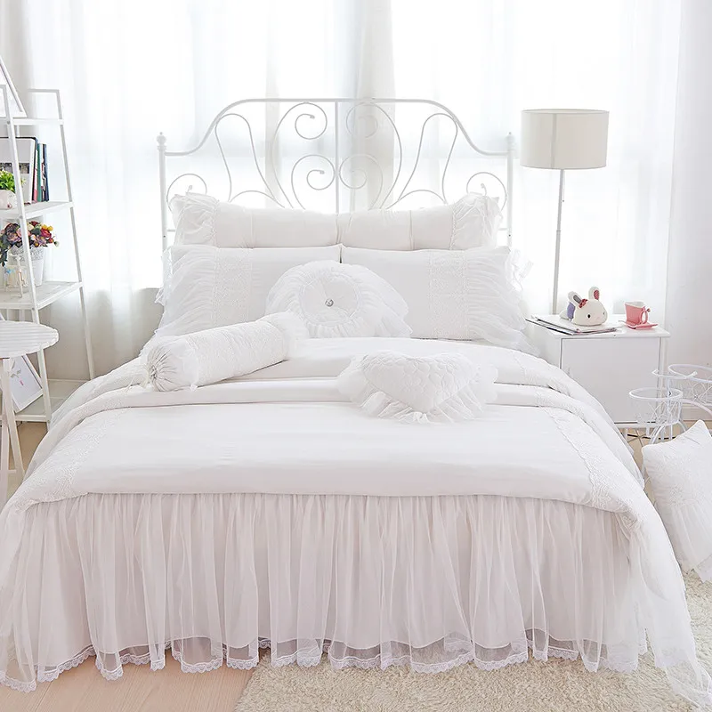 White lace Bedding Sets 4/6/9pcs Princess style Bed Linings Duvet Cover