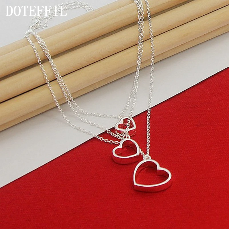 DOTEFFIL 925 Sterling Silver Three Hearts Pendant Necklace For Women Wedding Engagement Party Jewelry