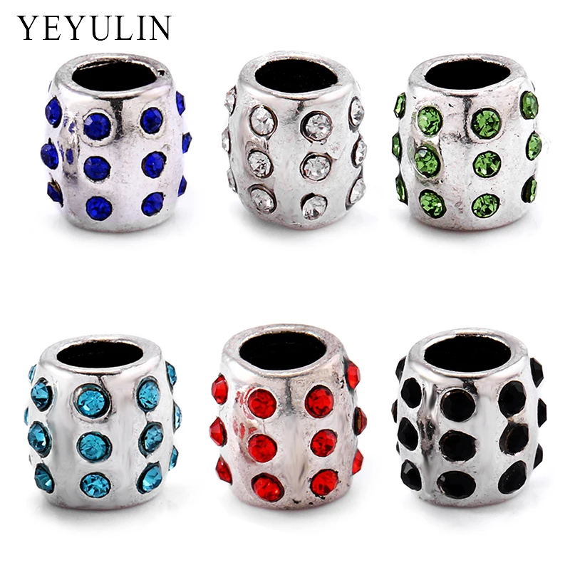 

9*7mm Trendy Silver Inlay Rhinestone Tube Shape Spacer Big Hole Beads Fashion Alloy Bead Charms For DIY Accessories