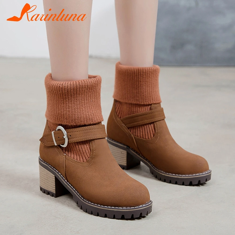 

KARINLUNA Ankle Boots Woman Autumn Winter Elegant Square Heel Round Toe Metal Decorations Slip On Ankle Boots Woman Size 34-43