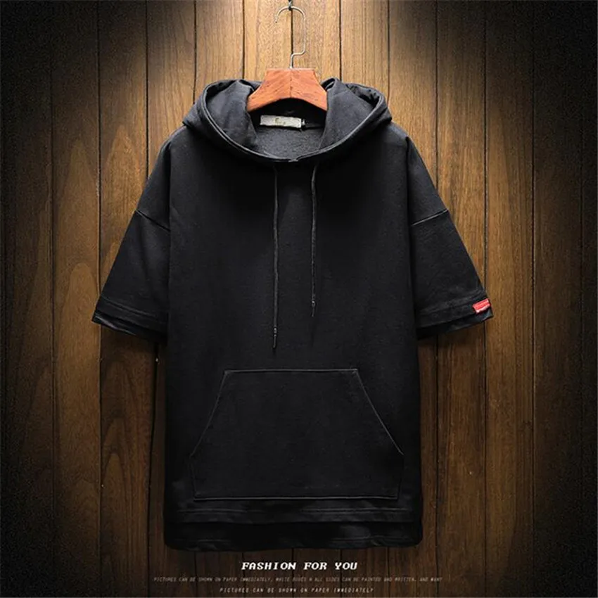 

Summer New Casual Hoodies Men Solid Color Cuff Stitching Sweatshirts Men Loose Round Neck Large Size Fashion Brand Mens Hoodie