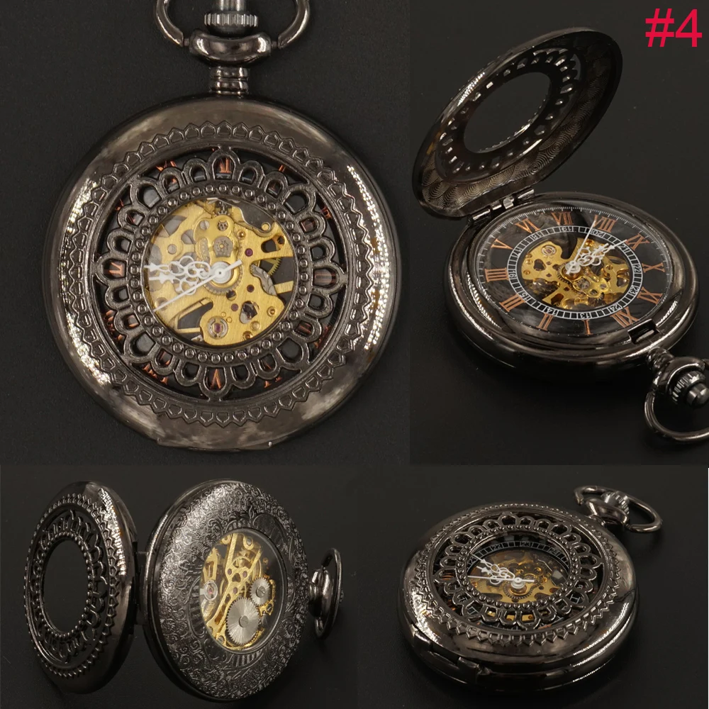 Vintage Black Hand Wind Mechanical Pocket Watches Chain Mens Gifts Steampunk Skeleton FoB Watch
