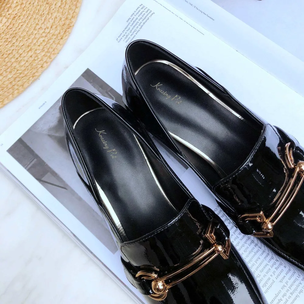 KRAZING POT/Классическая дизайнерская Брендовая обувь из натуральной кожи; женские туфли-лодочки на толстом среднем каблуке; обувь в деловом стиле с квадратным носком и металлическими застежками; L61
