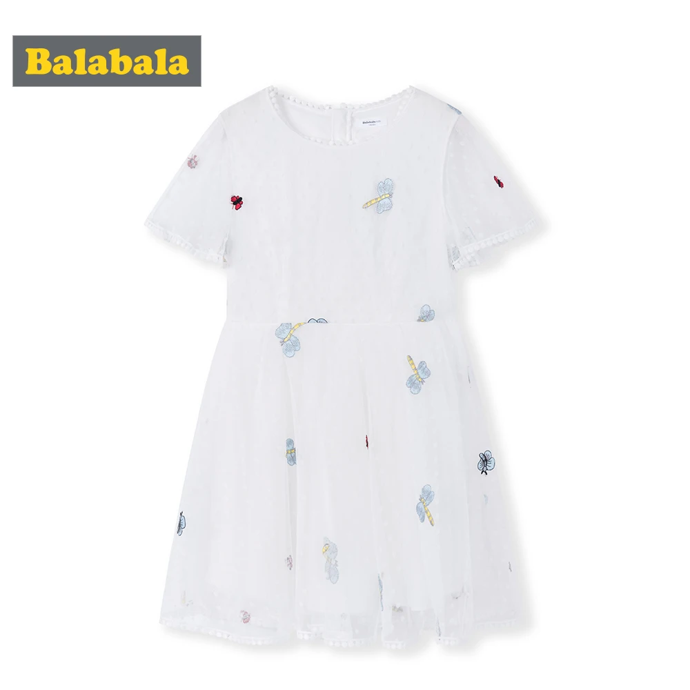 

Balabalababy Girl ruffles drawstring bow clothes Children embroidery sleeveless dresses Kids Clothes neck dress