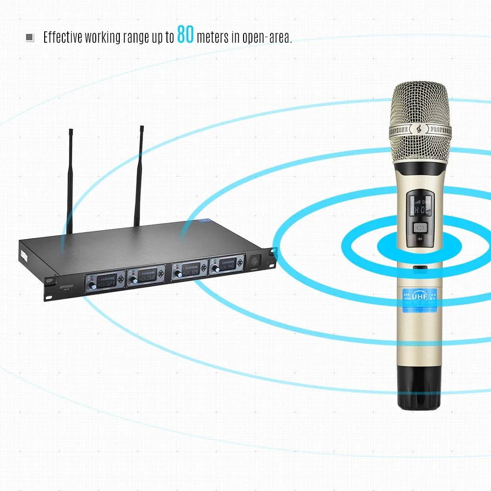 Ammoon 4D-B 4 канал частоты UHF Беспроводной Карманный микрофон системы 4 микрофона 1 беспроводной приемник 6,35 мм аудио кабель ЖК-дисплей