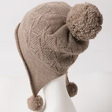 Шерстяная теплая вязаная шапка унисекс, однотонная кашемировая шерстяная шапка, вязаная шапка с ушками