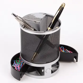 

Mesh Pen Pencil Holder With Digital Lcd Office Desk Clock With Time Temp Calendar Function